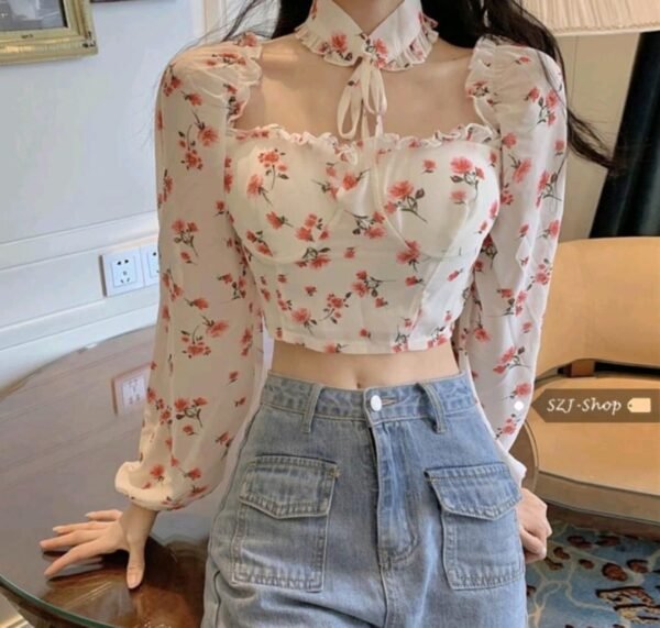 White Floral Print Crop Top With Long Puff Sleeves And Matching Choker Collar