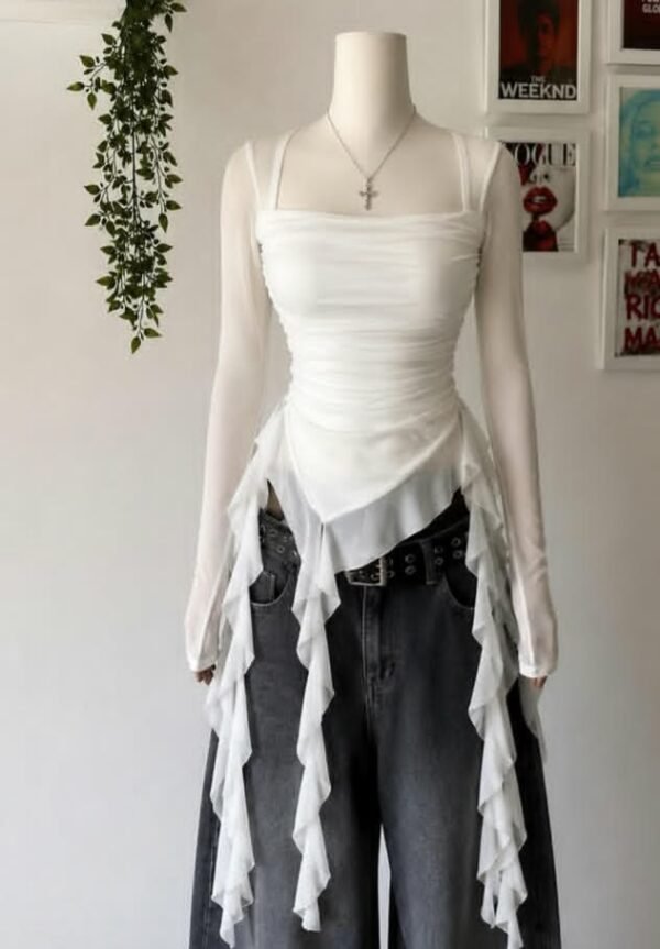 Mesh Long Sleeves Ruffle Top