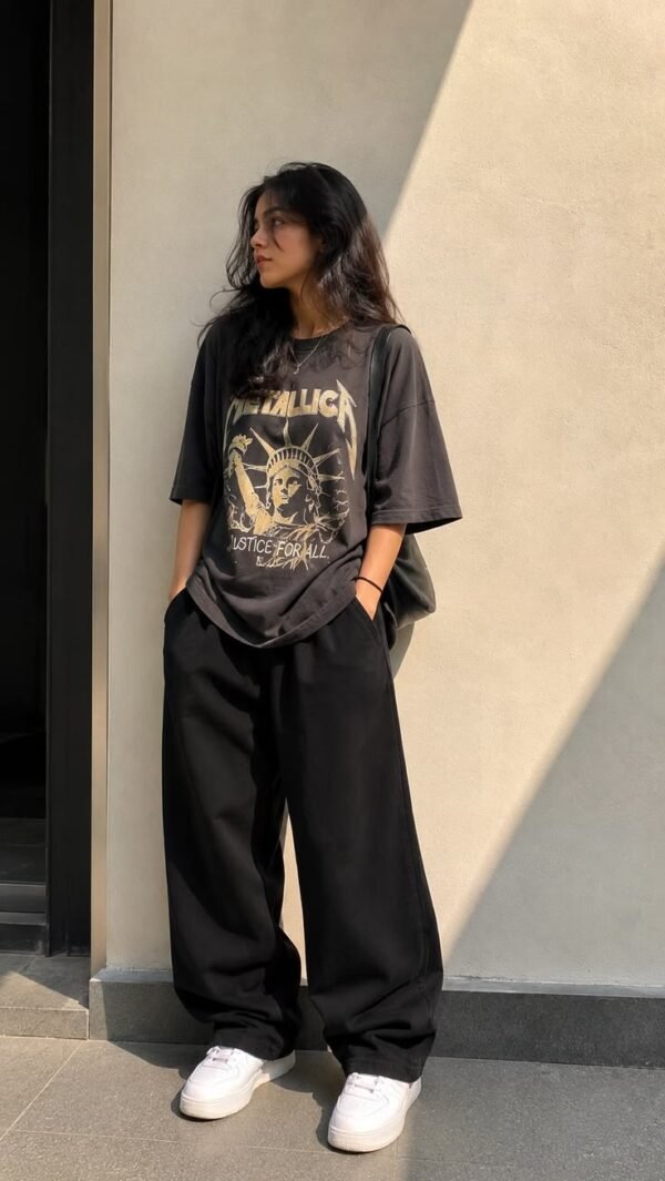 Oversized Graphic T-shirt Paired With Relaxed Baggy Dark Trouser