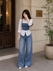 Stylish Layered Outfit Featuring Structured Denim Corset Top, White Shirt Paired With Matching Wide-Leg Blue Jeans